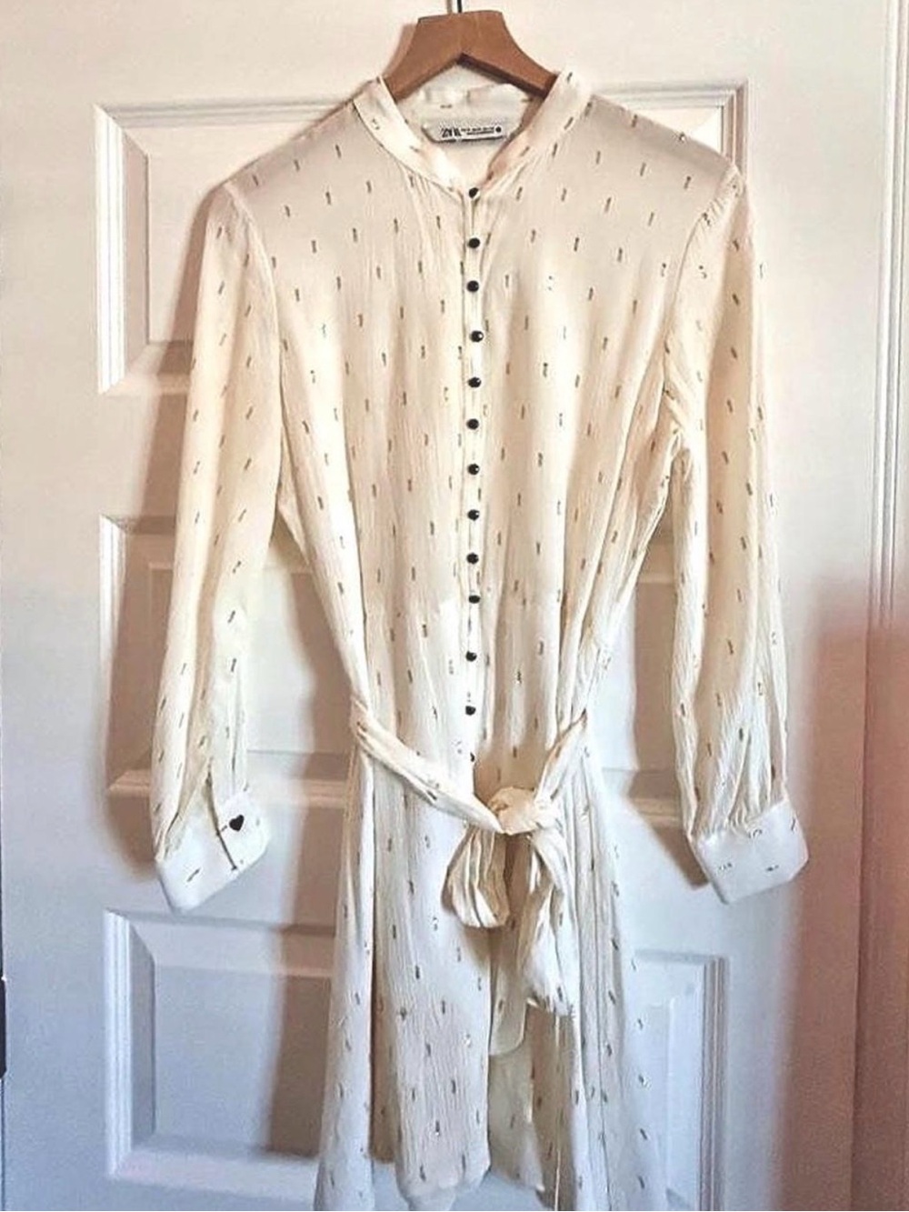Zara Cream Long-Sleeve Button-Front Tie-Waist Shirt Dress